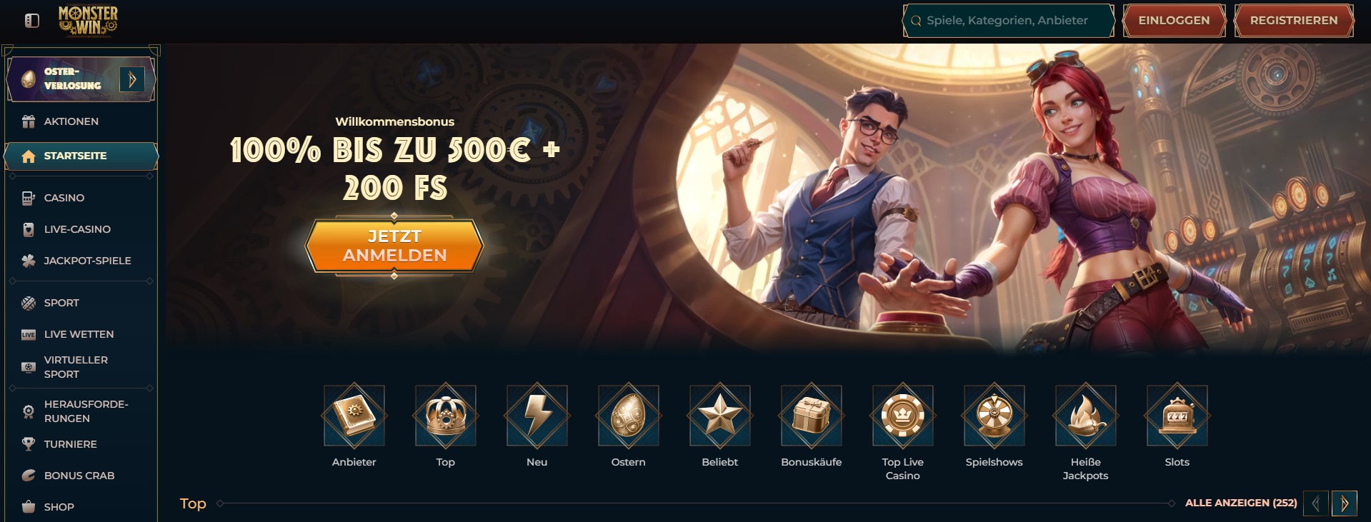 Eine Online-Casino-Webseite mit einem großzügigen Willkommensbonus von 100% bis zu 500€ und 200 Freispielen. Zwei Figuren in Steampunk-Kleidung stehen im Vordergrund. Links befindet sich ein Menü mit verschiedenen Kategorien wie Casino, Live-Casino, Jackpot-Spiele, Sport und mehr. Ein auffälliger orangefarbener Button mit der Aufschrift „Jetzt Anmelden“ lädt zur Registrierung ein.